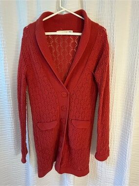 sparrow Red Openwork Shawl-Collar Button Cardigan